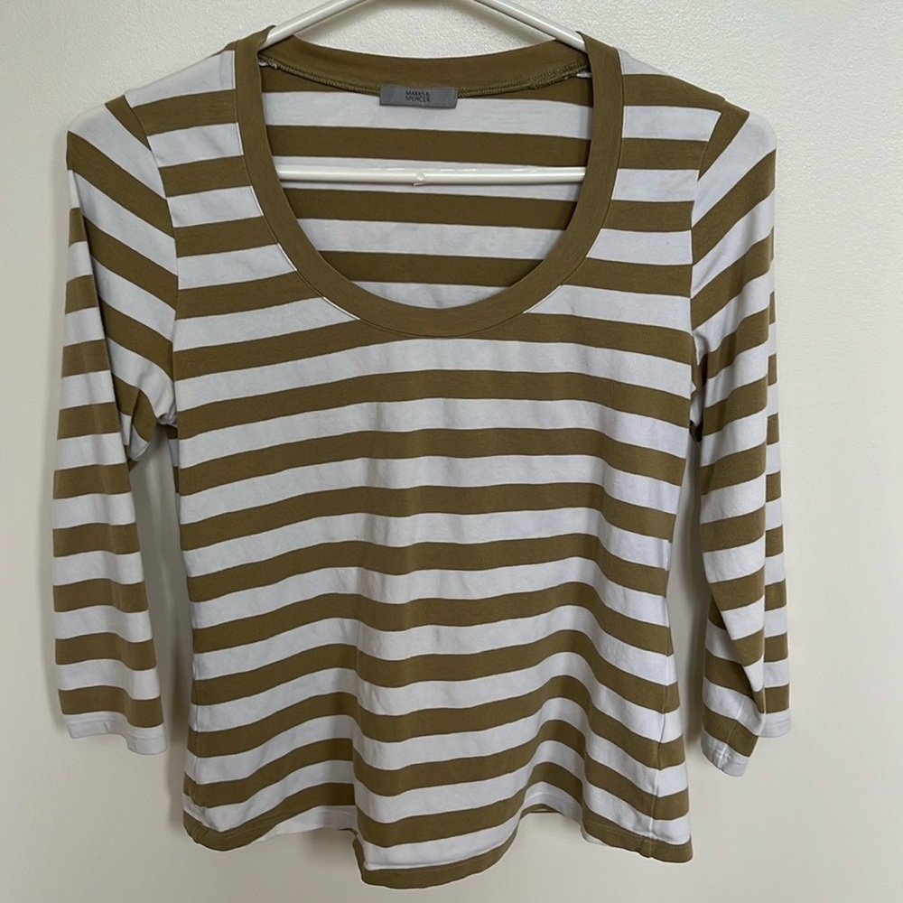 Marks & Spencer Olive Green and White Striped Long Sleeve Tee
